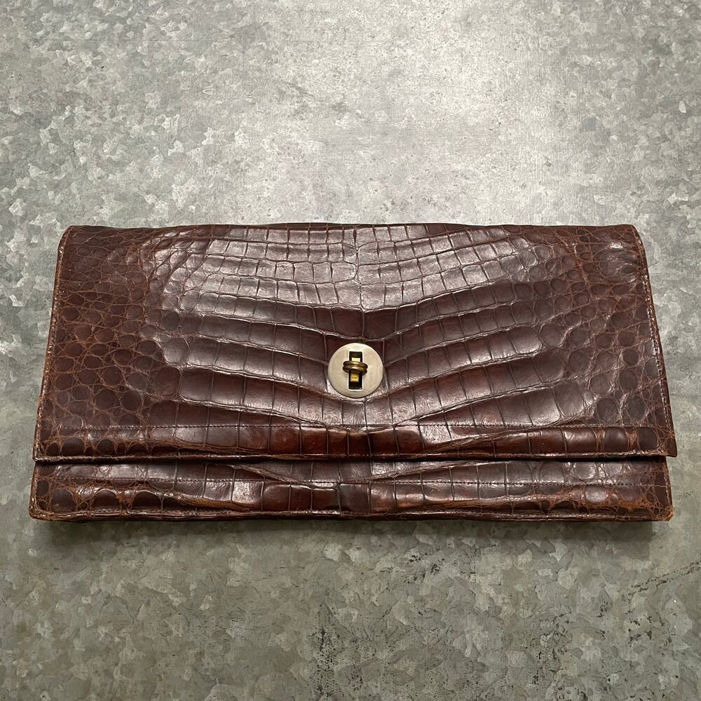 Vintage Genuine Alligator Dark Brown Leather Clutch Bag Purse Argentina Exotic